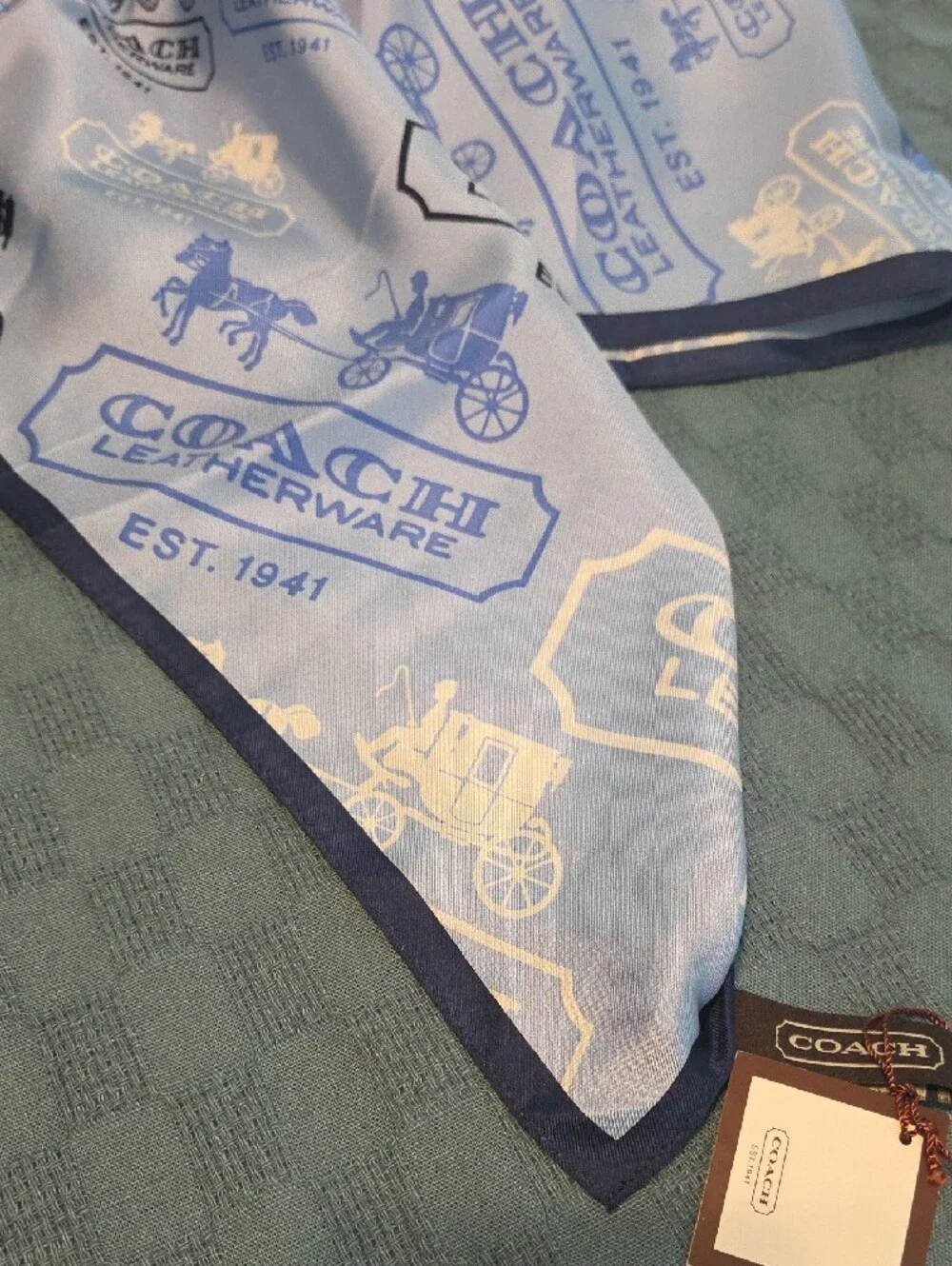 COACH Light Blue and Navy Logo Carriage Silk Scarf NWT